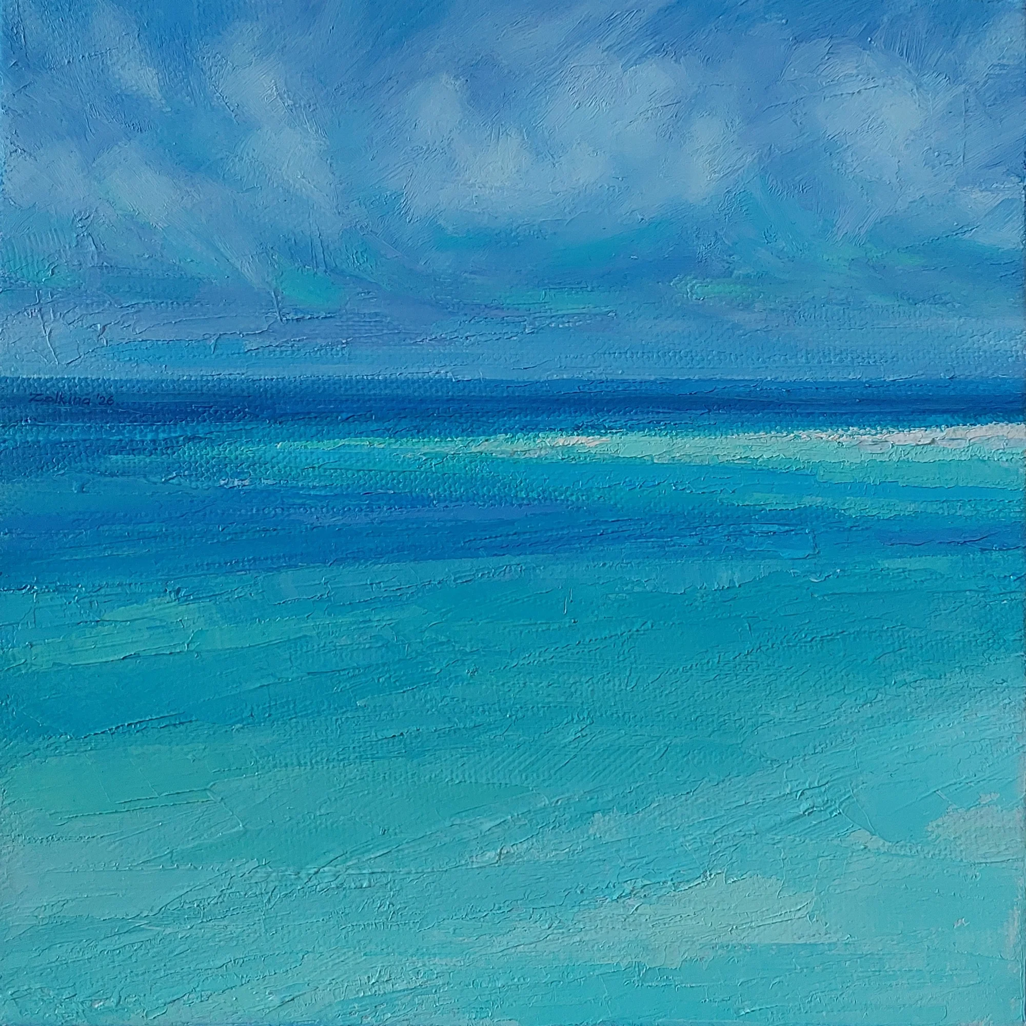 Calm turquoise shallows stretching to the horizon under soft clouds